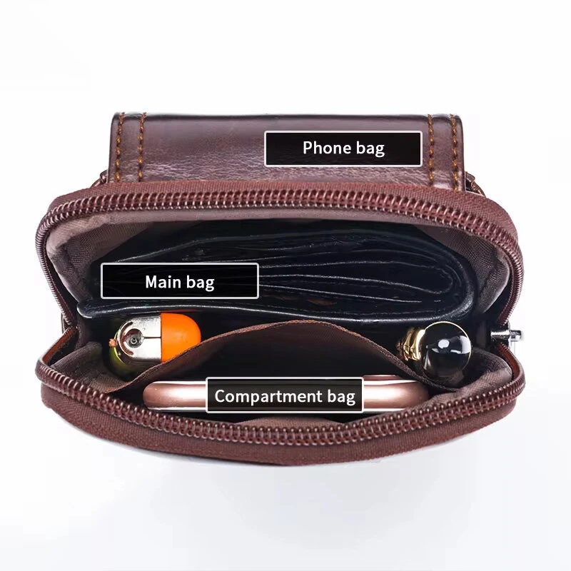(image for) BULLCAPTAIN Genuine Leather Waist Pack Mens Small Fanny Belt Bag Travel Phone Pouch Male Work Leather Waist Bag